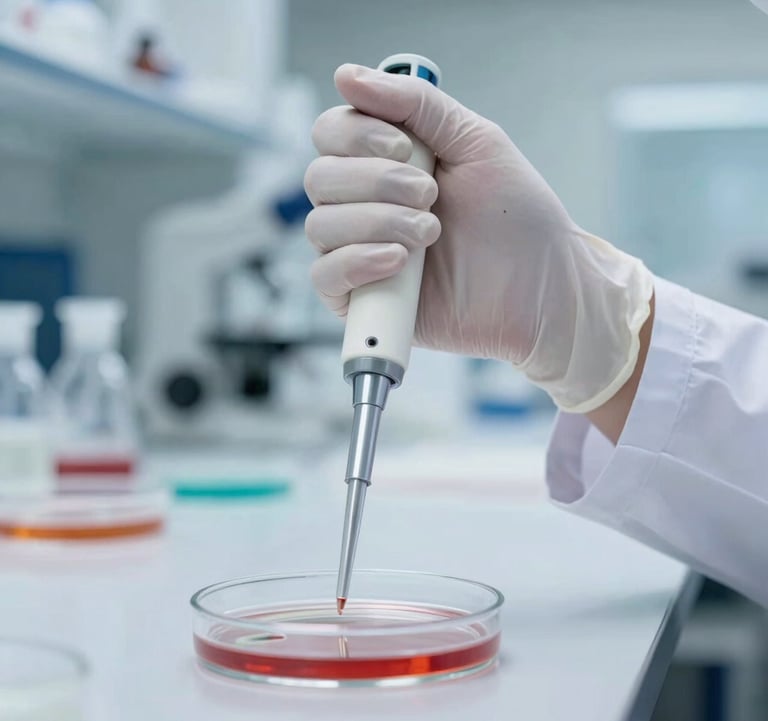 A close-up of a scientific researcher's gloved hand holding a precision pipette over a petri dish, set against a bright, sterile, and sophisticated laboratory backdrop.