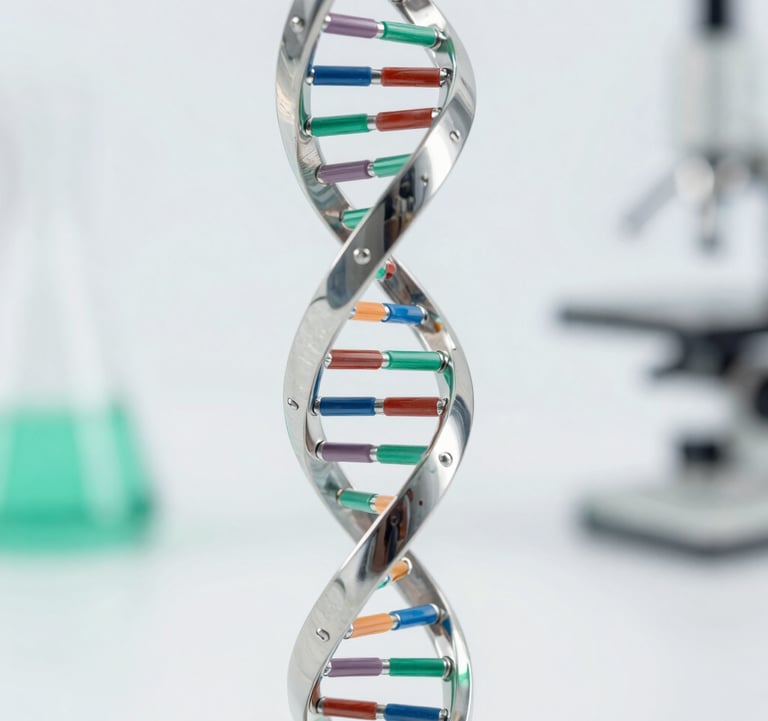 Macro photography of a DNA double helix model made of polished glass and metal, reflecting a clean white and soft green scientific environment. Sophisticated lighting, focus on detail.