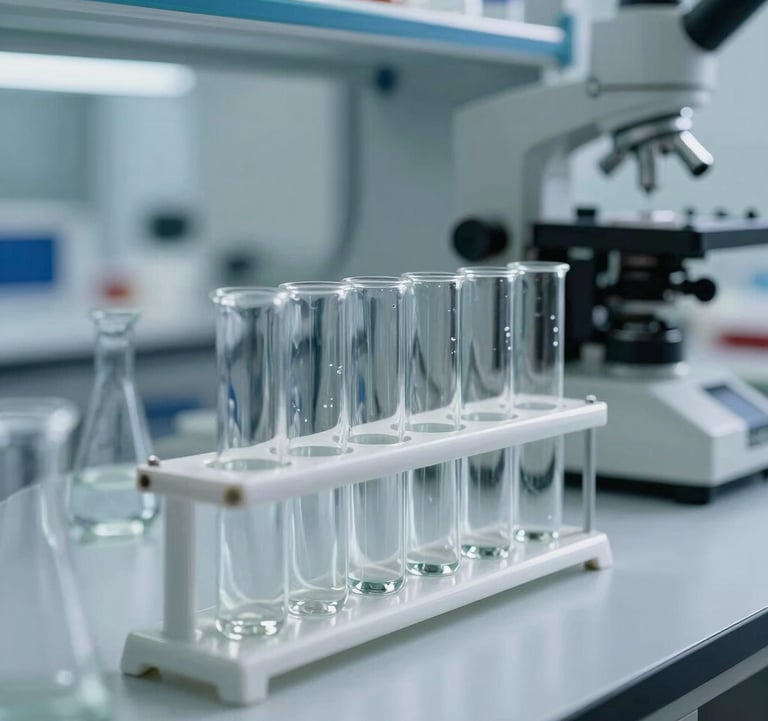 A focused shot of state-of-the-art laboratory equipment and glass vials filled with clear liquids, reflecting clean white surfaces and professional biotechnology standards.