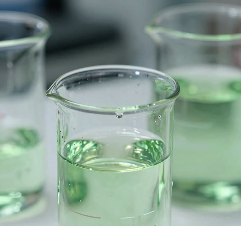 Close-up of high-precision laboratory glassware filled with clear and light green fluids, sharp focus on liquid meniscus, sterile environment, soft bokeh background.