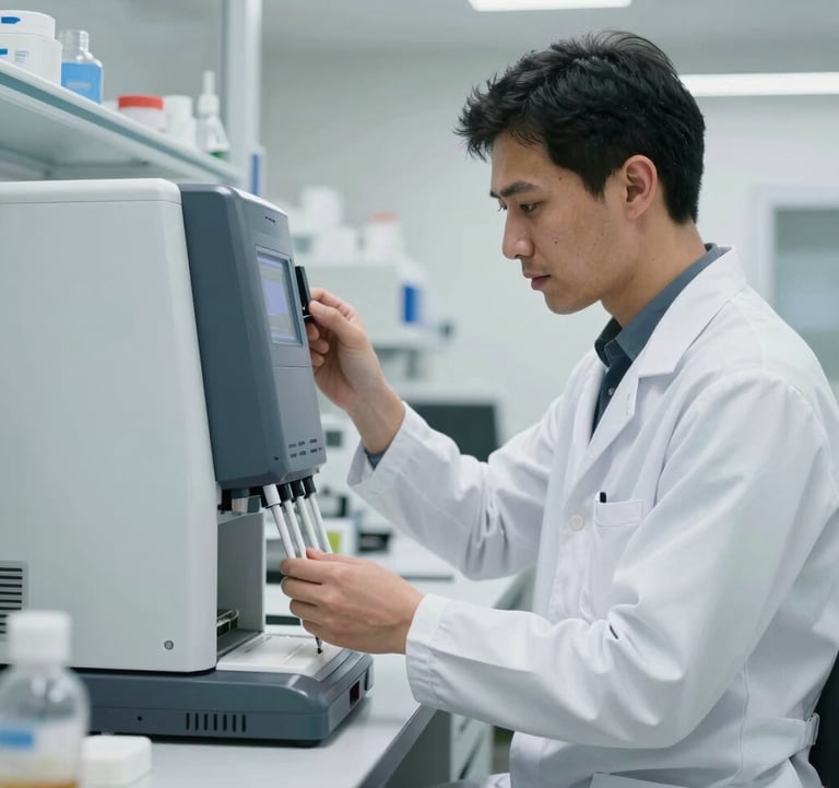 A professional in a clean white lab coat working with a high-tech automated pipetting system, modern laboratory in Sao Paulo, bright natural lighting, professional and trustworthy atmosphere.