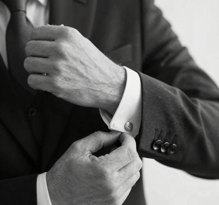 Close-up black and white photography of a person in a formal suit adjusting a cufflink, representing European elegance and professional attention to detail.