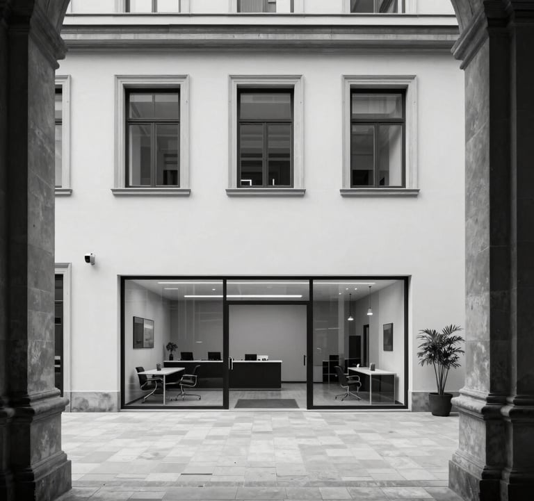 Black and white photograph of a minimalist, modern office lobby in a historic European building, showing a blend of old and new.