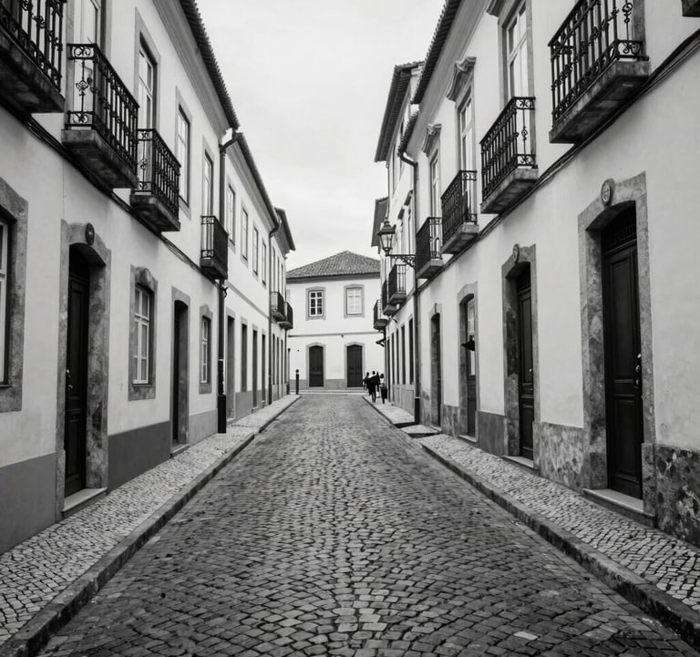 Artistic black and white photography of a cobblestone street in a historic Portuguese district, captured with elegant lighting.