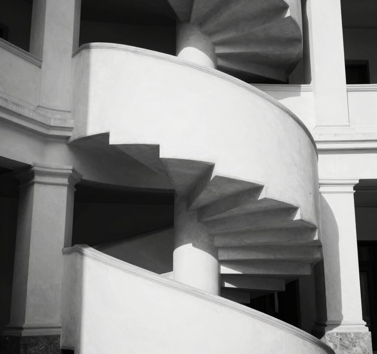 An abstract, high-contrast photograph of a grand spiral staircase in a white architectural space. The dark shadows create geometric patterns against the white stone. European sophisticated style, black and white.