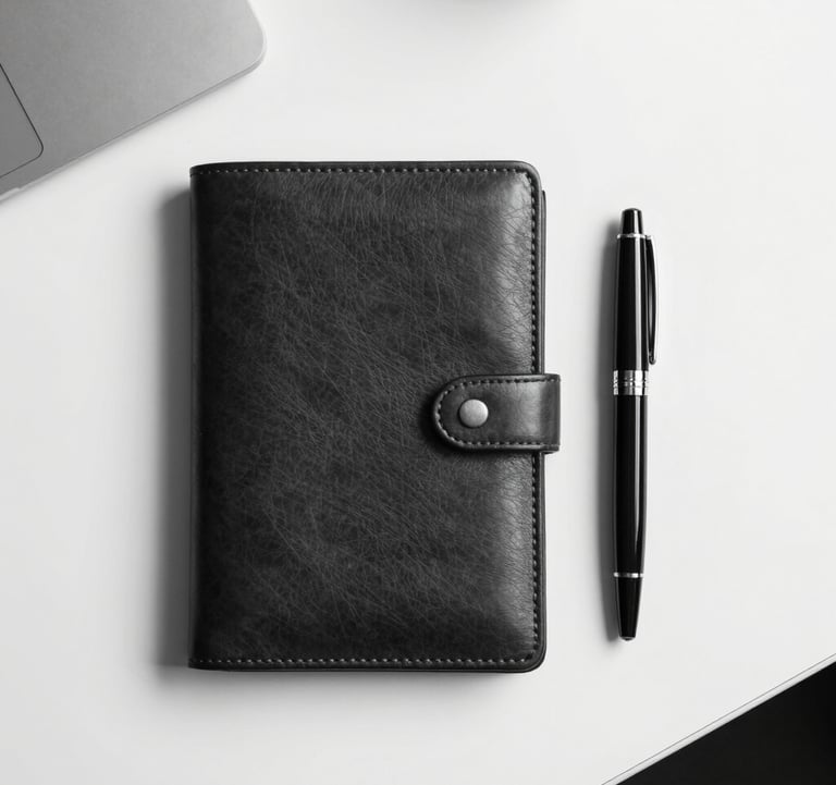 A top-down, minimalist shot of an elegant dark leather portfolio next to a black fountain pen on a clean white desk. The lighting is crisp and professional, emphasizing textures and high-quality materials. European office context, black and white.