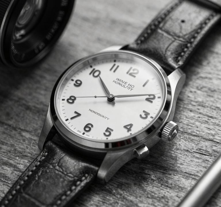 Black and white close-up of a high-end, classic wristwatch on a wooden desk, symbolizing time-honored quality.