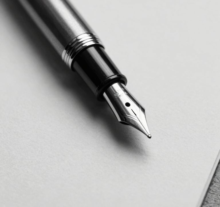 Macro black and white photography of a classic fountain pen resting on a heavy-weight paper document, symbolizing heritage and professional commitment.