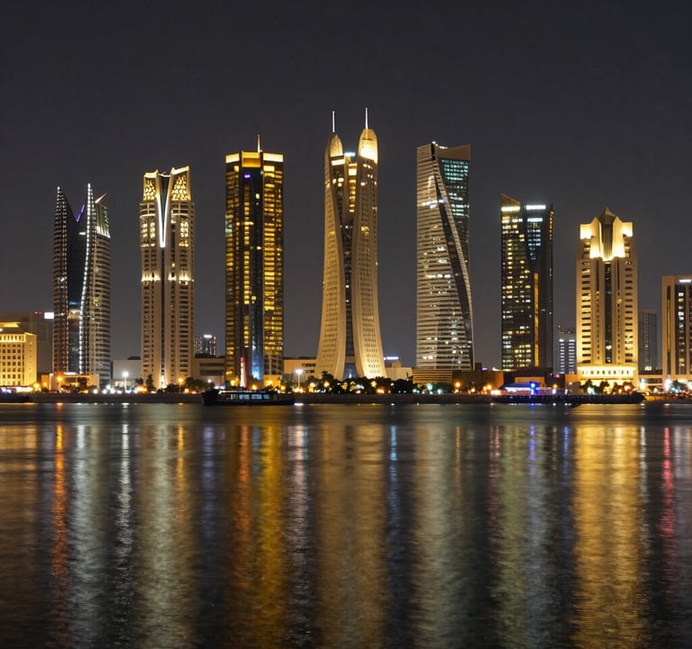 A nighttime photograph of the financial district in Manama, Bahrain, with shimmering gold and white lights reflected on the water, representing global commerce.