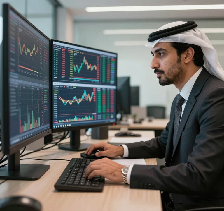 A professional in a modern Middle Eastern / Gulf office in Bahrain, dressed in formal corporate attire, reviewing global financial market data on multiple sleek monitors.