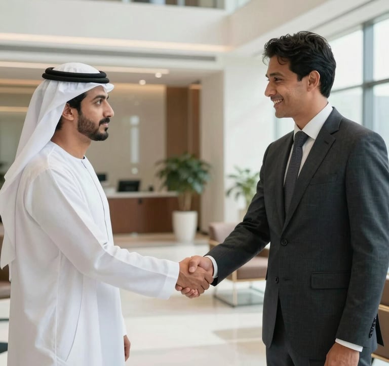 Two professionals in traditional and modern corporate attire shaking hands in a bright, high-end Gulf office lobby, conveying a successful business partnership.