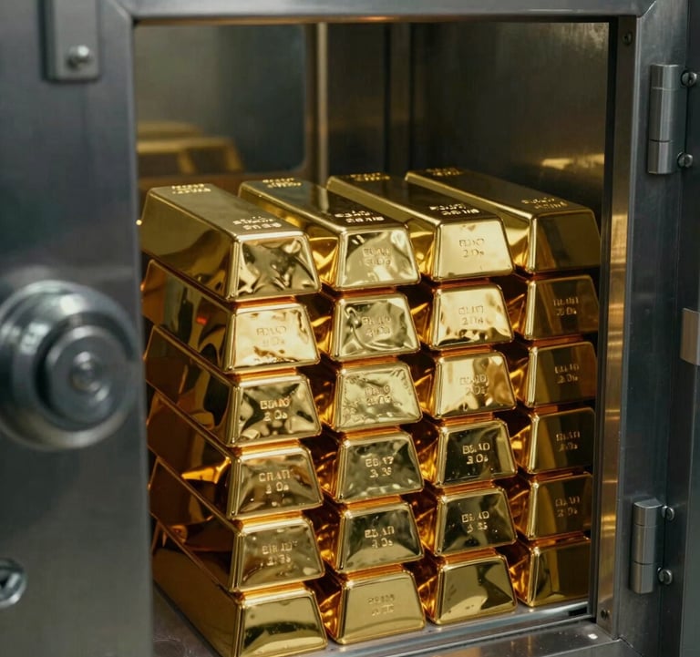 Close-up photography of hallmarked pure gold bars stacked neatly in a high-security vault, reflecting warm golden light against deep charcoal walls.