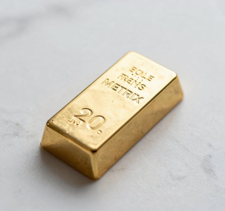 A macro shot of a gold bullion bar with the official Metrix hallmark, resting on a white marble surface in soft light.
