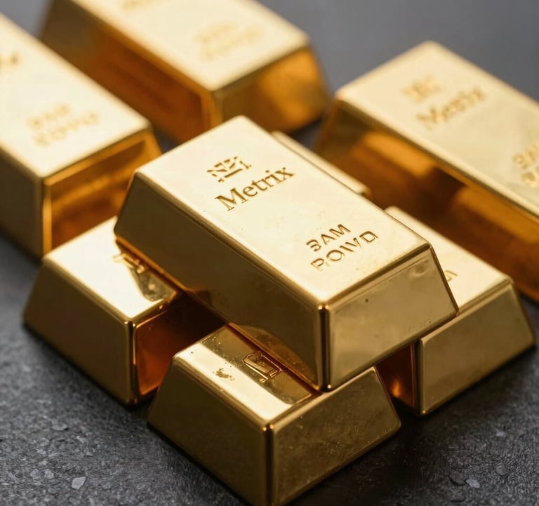 Luxury photography of multiple 1kg gold bars with the Metrix corporate seal, neatly stacked on a dark obsidian surface with soft side lighting that highlights the metallic gold texture, emphasizing financial stability.