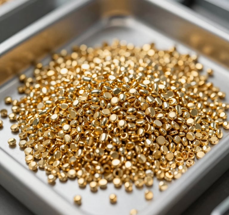 A detailed close-up of high-purity gold grains in a clean industrial tray, showcasing the refined output of a state-of-the-art facility.