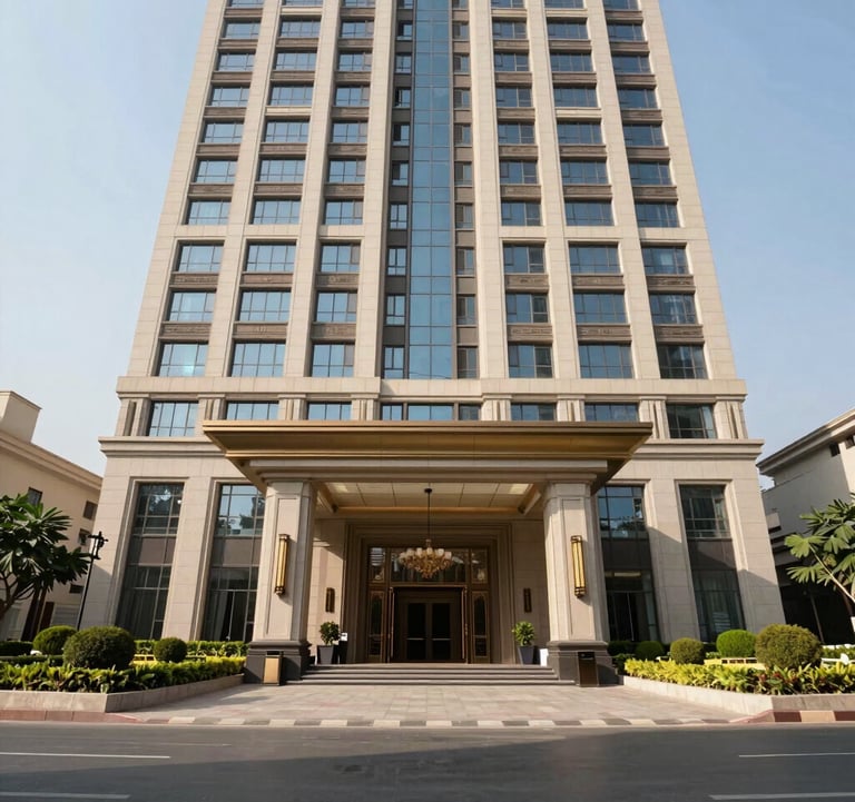 A wide architectural photograph of a luxury high-rise entrance with professional security and manicured landscaping. South Asian / Indian setting, bright daylight, showcasing sophisticated urban design in Noida.