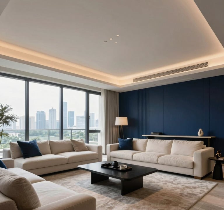 Wide-angle interior shot of a contemporary luxury penthouse living room in Noida. Minimalist design with high-quality finishes in cream and dark blue. Large glass windows showing the skyline. Professional architectural style. South Asian / Indian.