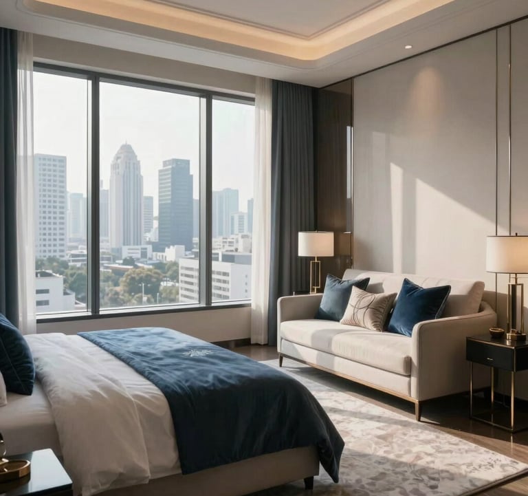 A luxury master bedroom in a Noida apartment with floor-to-ceiling windows showing the city skyline. Soft morning light, sophisticated decor in muted blue and off-white, South Asian / Indian urban lifestyle.
