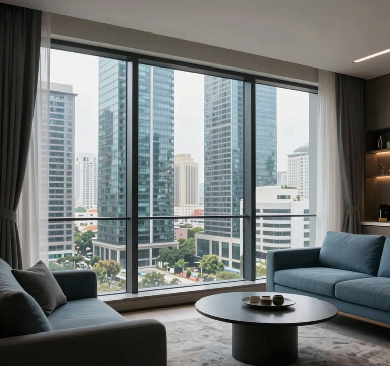 Photography of a contemporary show-apartment interior in Noida, floor-to-ceiling windows showing a view of neighboring skyscrapers, modern minimalist furniture in shades of muted blue and slate grey, South Asian urban living context.