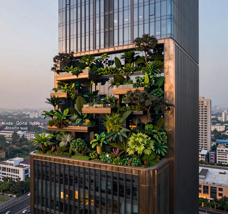 A lush sky-garden on the upper floors of a skyscraper, overlooking the Noida-Greater Noida Expressway. Greenery mixed with architectural bronze elements, professional photography at dusk.