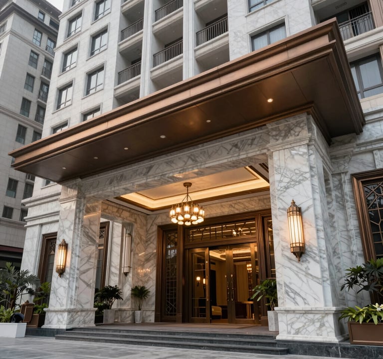 The grand, marble-clad entrance lobby of a premium residential tower in Noida. Elegant lighting fixtures, bronze accents, and a sense of sophisticated luxury. The setting is clearly a high-end South Asian / Indian corporate residential space.