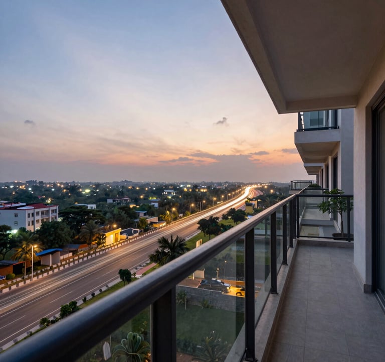 An expansive balcony of a high-end apartment overlooking the Greater Noida Expressway during sunset. The view shows distant architectural lights and lush greenery. South Asian / Indian modern residential development setting.