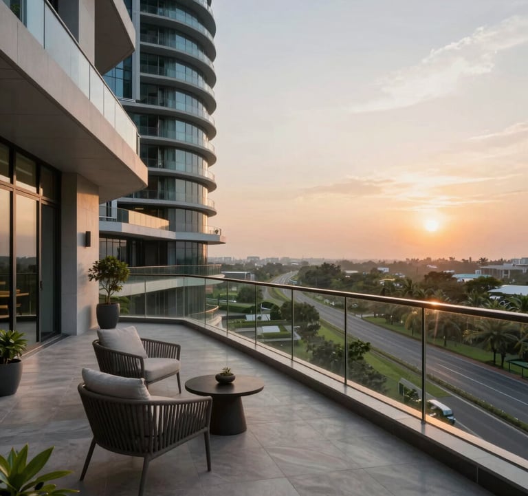 High-end architectural photography of a spacious private balcony in a luxury high-rise apartment in Greater Noida, featuring modern outdoor furniture, glass railings, and a panoramic view of the verdant expressway surroundings at sunset, South Asian light.
