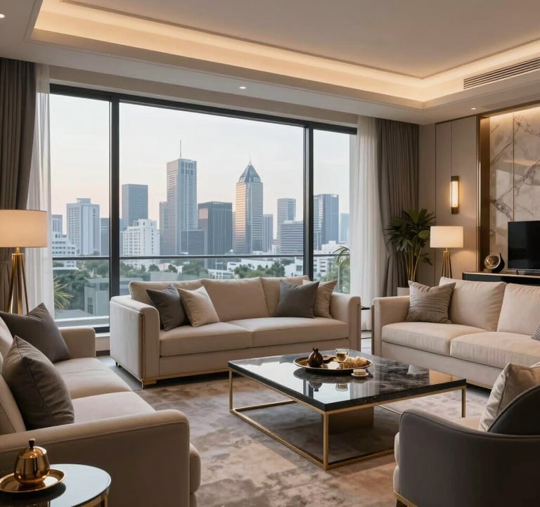 A luxurious modern living room with floor-to-ceiling windows showing the Noida skyline. The interior features elegant furniture in cream and slate gray tones. South Asian / Indian luxury apartment style, soft afternoon lighting.
