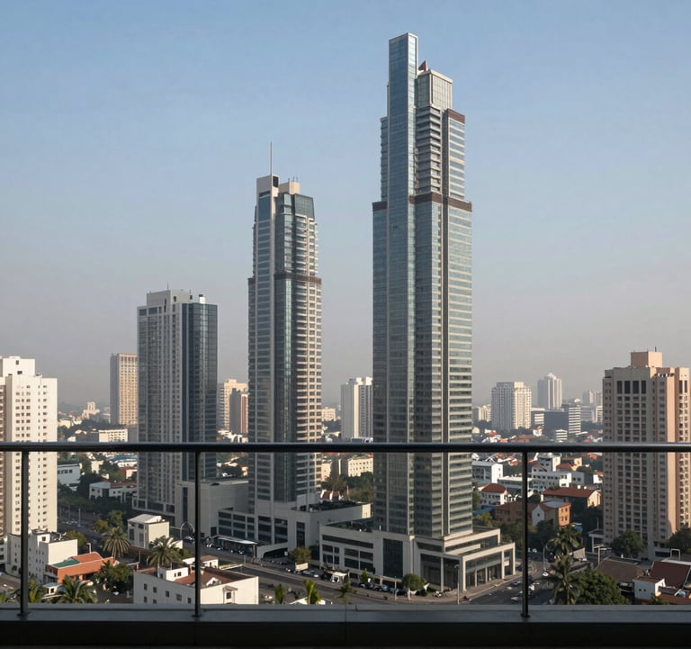 A daylight photograph of a luxury balcony view in Noida, overlooking a sprawling city landscape with sleek high-rise towers. The composition is clean and minimalist, showcasing South Asian / Indian urban development with a muted blue sky and professional architectural style.