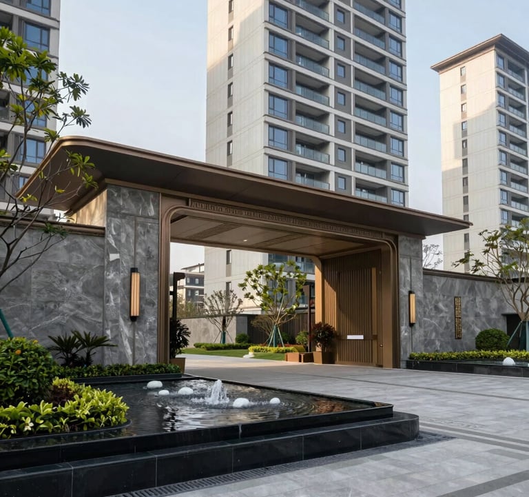Exterior photography of the grand entrance of a premium high-rise residential complex in Greater Noida. Modern landscaping, elegant water feature, and slate grey stone walls. Clear day. South Asian / Indian.