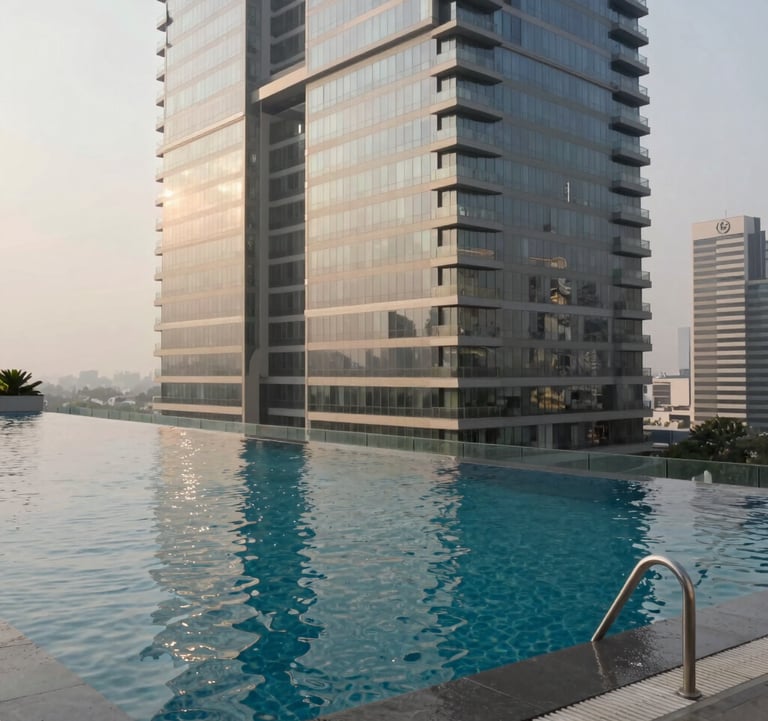 An upscale infinity pool located on the rooftop of a Greater Noida skyscraper. The lighting is soft and natural, emphasizing a sophisticated atmosphere. The style is professional architectural photography with slate gray and off-white tones.