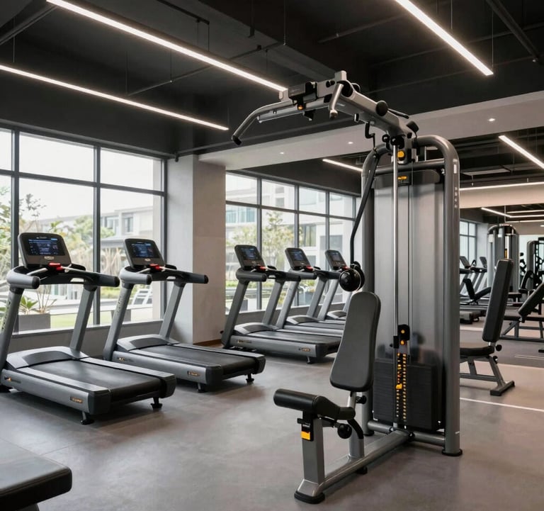 A modern, high-tech fitness center within a premium residential complex in Greater Noida. The lighting is clean and professional, showcasing high-end equipment and a slate gray color scheme.