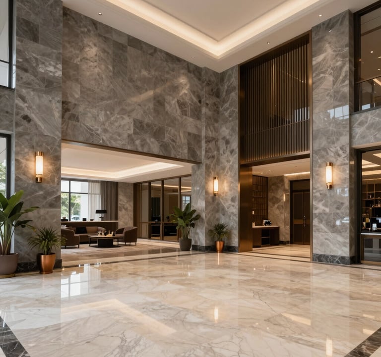 Interior photography of a grand luxury apartment lobby in Noida, featuring polished cream marble floors, slate grey stone walls, warm bronze lighting fixtures, and sophisticated South Asian professional decor, clean lines, professional atmosphere.