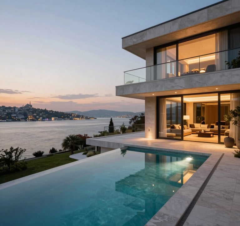 Architectural photography of a contemporary luxury villa in Istanbul with a private pool and panoramic Bosphorus views at twilight. Golden lighting accents, professional composition, Turkish / Global.