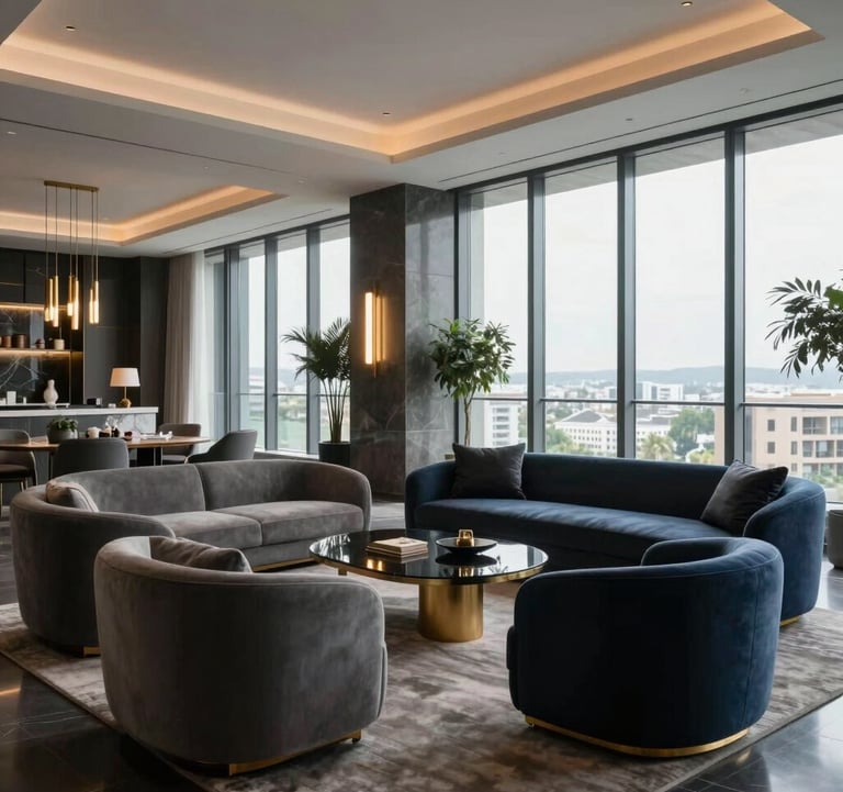 Interior photography of a high-end luxury penthouse lounge with floor-to-ceiling windows, minimalist bespoke furniture in anthracite and navy tones, and gold lighting fixtures. Turkish / Global style.