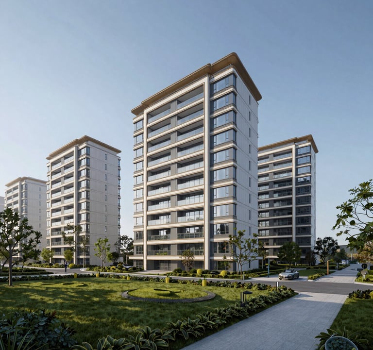 A professional shot of a modern residential development in a prestigious district of Istanbul, focusing on clean lines, high-quality materials, and manicured landscapes under a clear blue sky.