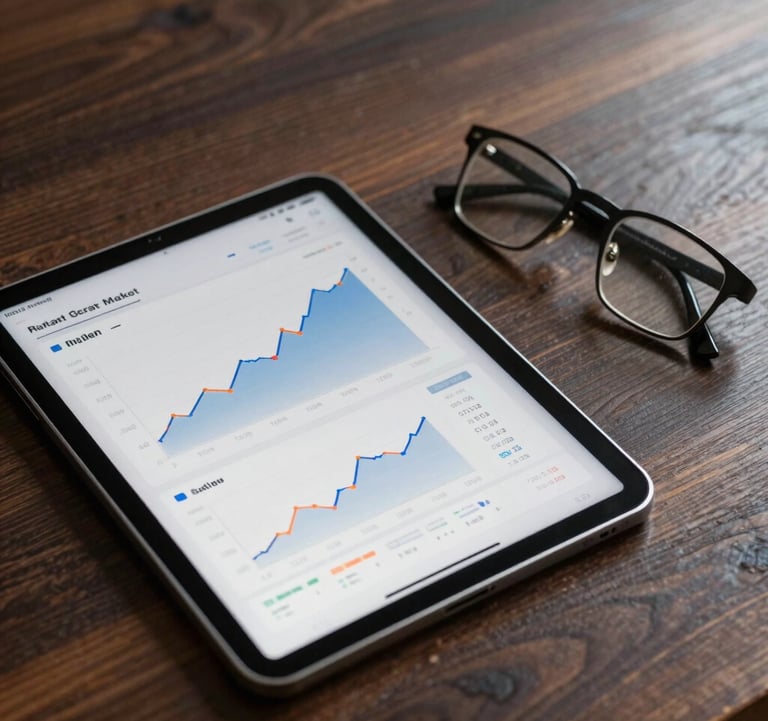A workspace featuring a modern tablet displaying real estate market growth charts and financial data. Beside it, a pair of designer glasses on a dark wood table. High-end, analytical, professional photography.