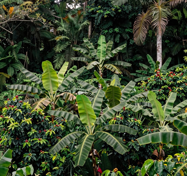 A thriving agroforestry plot in Brazil, showing layers of diverse tropical vegetation like banana trees and coffee shrubs under a lush forest canopy. Soft dappled sunlight. Brazilian nature for European expatriates. Colors: dark green, light green.
