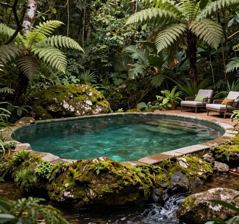 A natural swimming pool formed by a clear river in a Brazilian forest setting. Moss-covered rocks and ferns surround the water. High-end outdoor furniture nearby. Brazilian nature for European expatriates. Colors: dark green, medium green, light green.