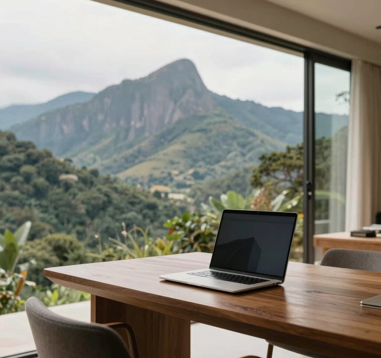 A workspace inside a luxury sustainable home in Brazil. A wooden desk faces a large floor-to-ceiling window overlooking a mountain range. A modern laptop is on the desk. Brazilian nature for European expatriates. Colors: cream, medium green, dark green.