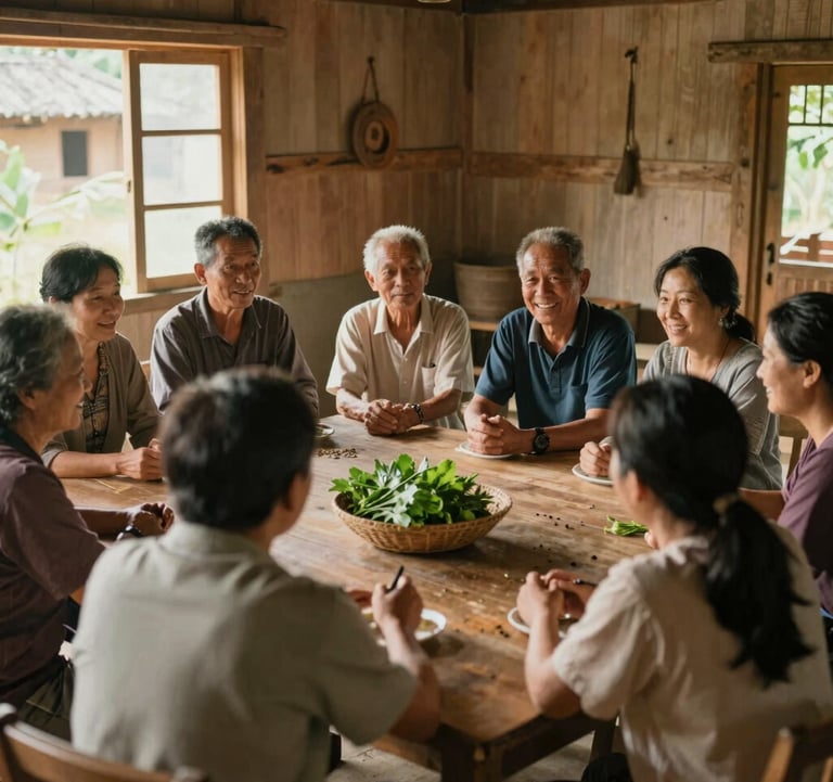A community meeting inside a traditional wooden house. Members are discussing agricultural techniques with focused and hopeful expressions. Warm lighting, earthy tones (#5C7C54, #A8B59F), empowering atmosphere.