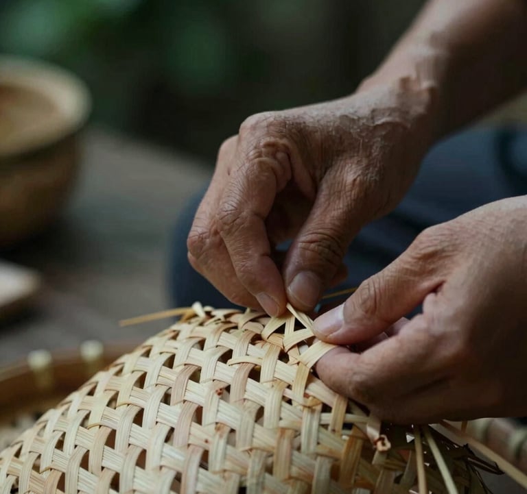 A detailed close-up of hands weaving a traditional bamboo basket. The focus is on the intricate technique and the natural wood texture (#F5F5EC). Moody and artistic lighting with green accents.