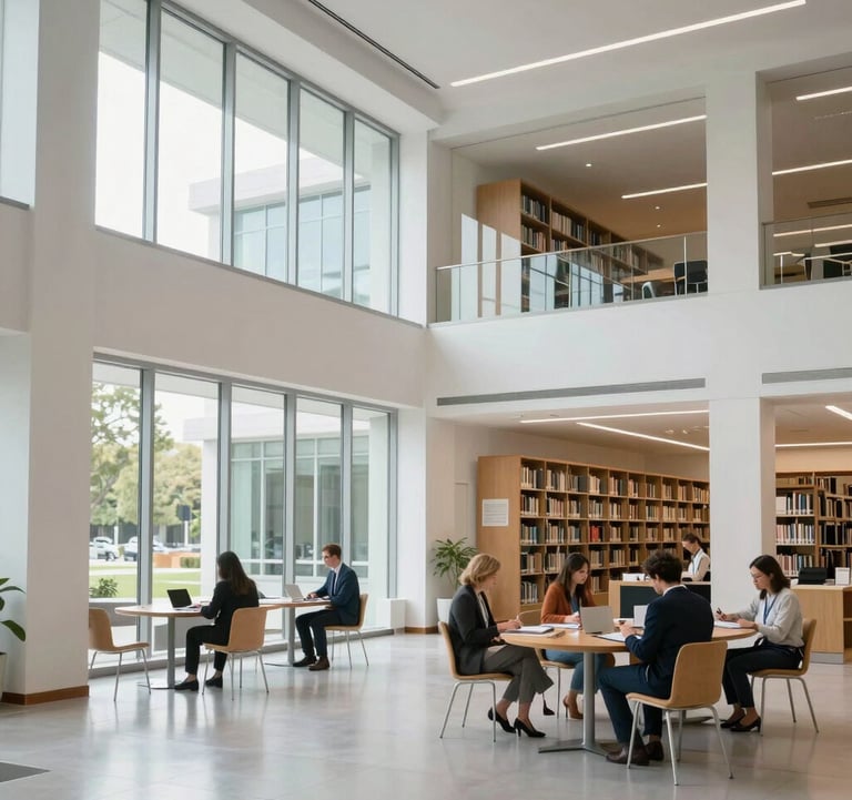 The architectural interior of a modern, white-walled educational library in North America. Large glass panels allow for bright, airy lighting. A few professional learners in business casual attire are seated in the distance, emphasizing a focused learning environment.