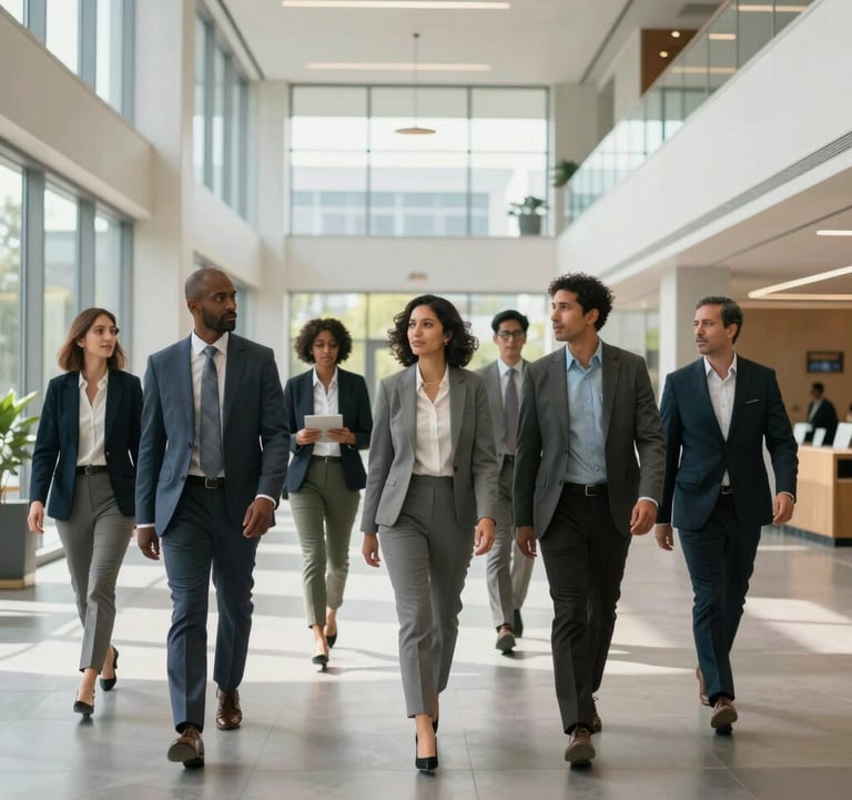 A wide-angle shot of a group of diverse professionals in North American business attire walking through a sunlit, modern educational center with large glass windows and clean architectural lines. The style is modern, structured, and highly professional.