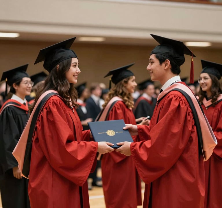 A detailed photograph of a graduation ceremony in a prestigious North American university hall, focusing on a student in a red gown receiving a diploma, representing education and learning pathways.