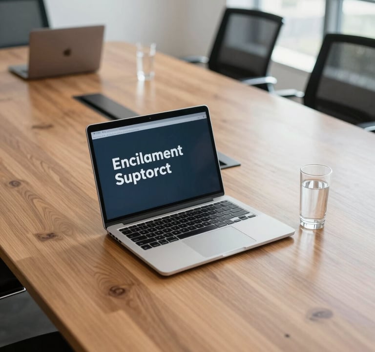 A professional North American corporate setting showing a high-angle shot of a polished wooden conference table. A modern laptop and a glass of water are neatly arranged. The environment is bright and spacious, conveying employment and relocation support.