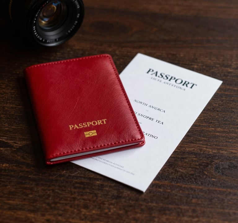 An elegant photography of a luxury travel coordination setting. A red leather passport holder and a white invitation card rest on a dark wood surface. The lighting is sophisticated and warm, capturing the essence of high-profile concierge services in North America.