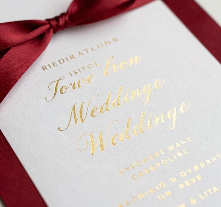 A close-up of a premium wedding invitation suite with gold foil lettering and red silk ribbons on a clean white background. Photography of high-end destination event planning.