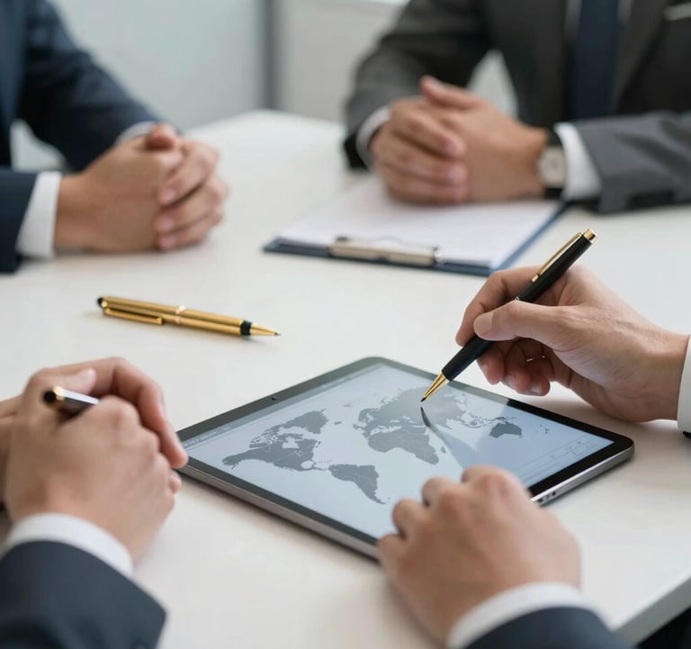 A close-up photograph of a professional hands-on meeting in a North American corporate boardroom. On the white table sits a gold pen and a modern tablet displaying a world map. The lighting is bright and clear, emphasizing a trustworthy and structured business environment.