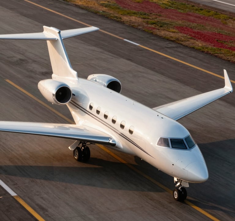 An aerial view of a corporate jet on a sunlit runway, symbolizing luxury travel and mobility. Sharp details, high contrast, featuring gold and deep red tones in the lighting.